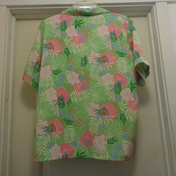 TROPICAL PARADISE GIRL LIME W PINK FLOWERS SHIRT BLOUSE BY SAG HARBOR X LG - Picture 5 of 7